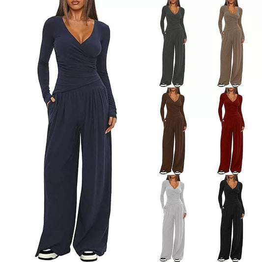 2 Pieces Women's V Neck Long-sleeve Sportswear Top And Wide-leg Pants Set Casual Comfortable Outfit Set For Daily Wear Gym Sports Outfit