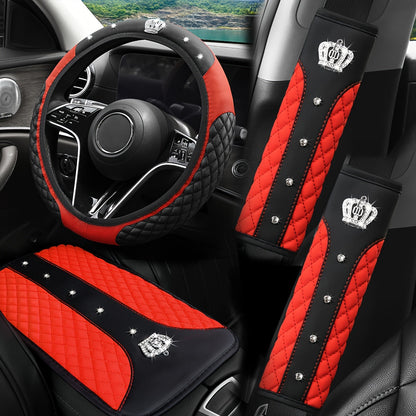 PU Leather Car Steering Wheel Cover Set, Carbon Fiber Pattern, Shoulder Pads, Leather Armrest, 4 pcs, for Comfortable Driving