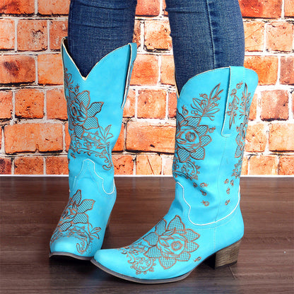 Womens Mid-Calf Boots With Embroidery Ethnic Style And A Comfortable Mid-Heel