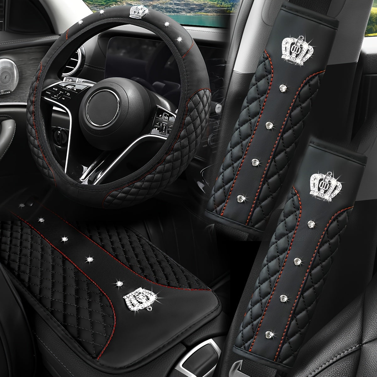PU Leather Car Steering Wheel Cover Set, Carbon Fiber Pattern, Shoulder Pads, Leather Armrest, 4 pcs, for Comfortable Driving