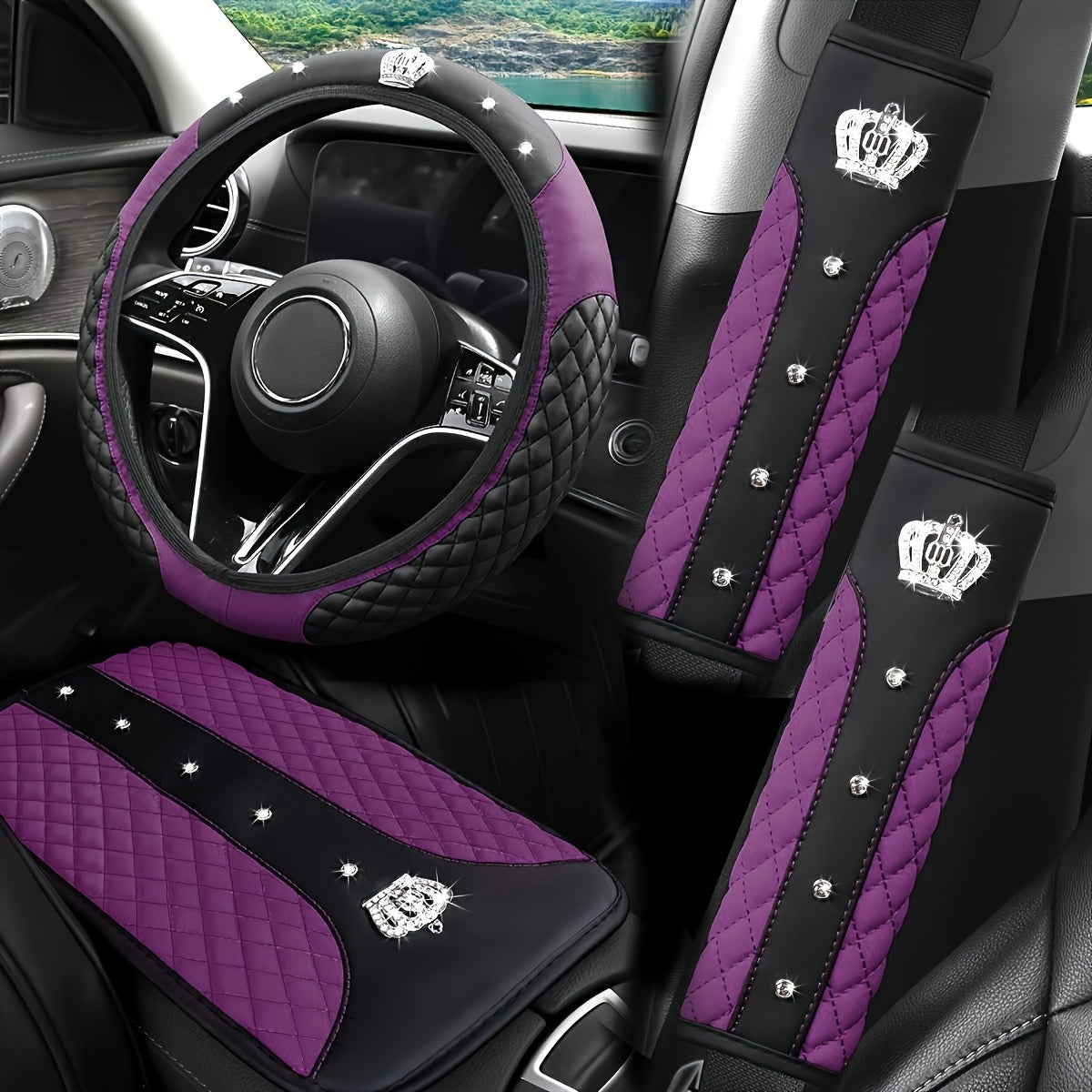 PU Leather Car Steering Wheel Cover Set, Carbon Fiber Pattern, Shoulder Pads, Leather Armrest, 4 pcs, for Comfortable Driving