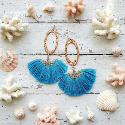 Long Copper Embossed Aqua Brushed Silk Fan Tassel Earrings