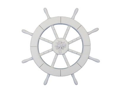 White Decorative Ship Wheel with Palm Tree 18""