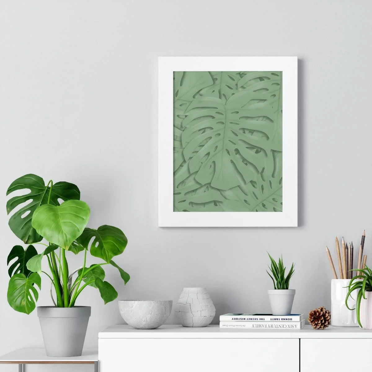 Sage Green Monstera Framed Print – Botanical Wall Art