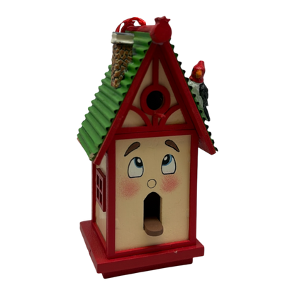 Whimsical Wooden Birdhouse Ornament - Red