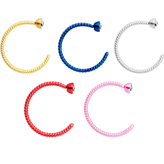 20G 5/16 Clear Gem Multicolor Pack Set of 5 Twisted Nose Hoop Rings