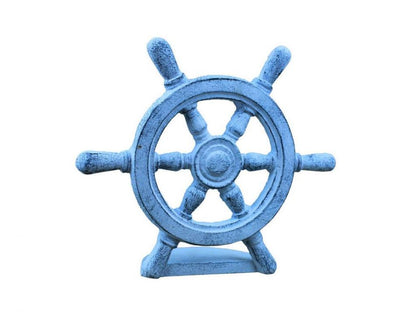 Dark Blue Whitewashed Cast Iron Ship Wheel Door Stopper 9""