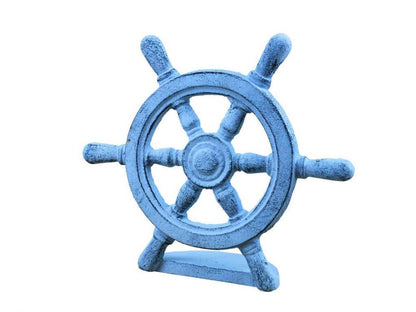 Dark Blue Whitewashed Cast Iron Ship Wheel Door Stopper 9""