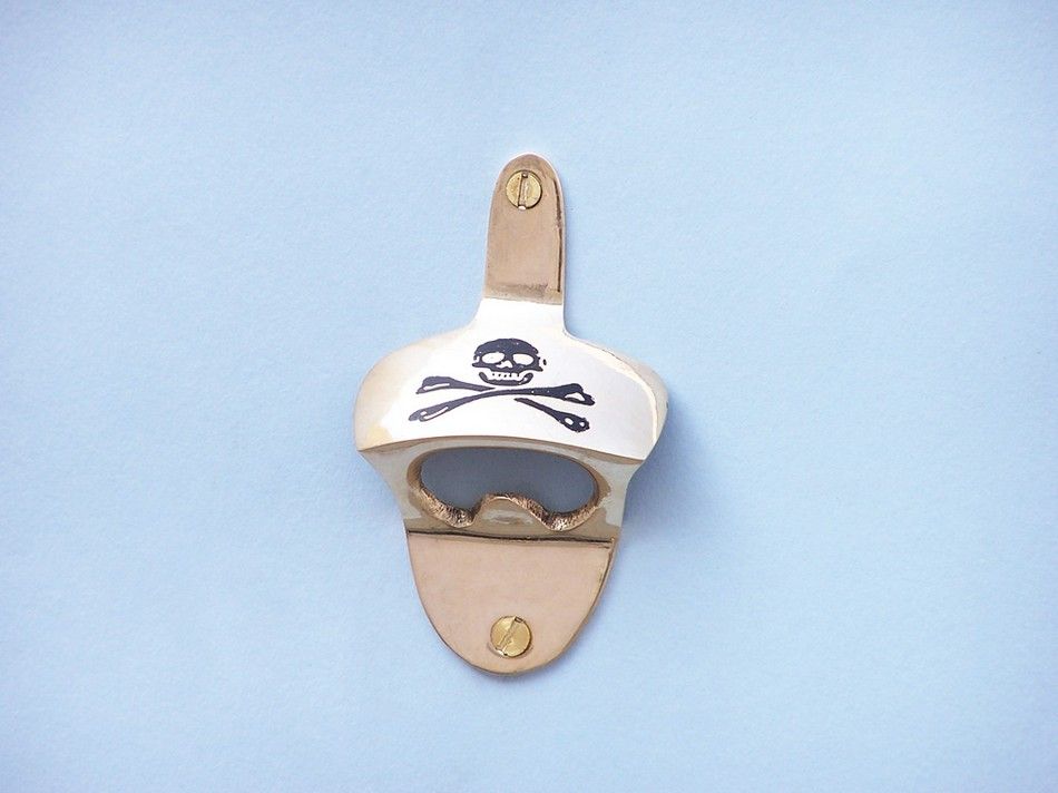 Solid Brass Pirate Skull and Crossbones Wall Mounted Bottle Opener 3.5""