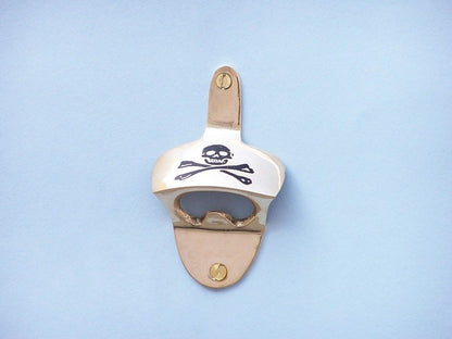 Solid Brass Pirate Skull and Crossbones Wall Mounted Bottle Opener 3.5""