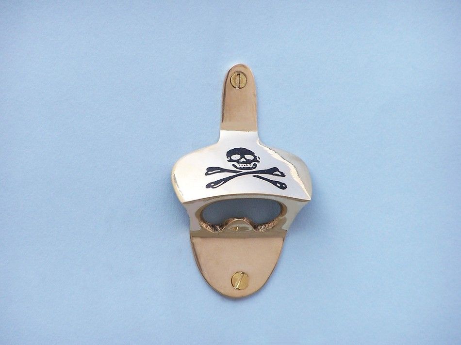 Solid Brass Pirate Skull and Crossbones Wall Mounted Bottle Opener 3.5""