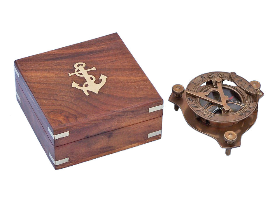 Captain's Antique Brass Triangle Sundial Compass with Rosewood Box 3""