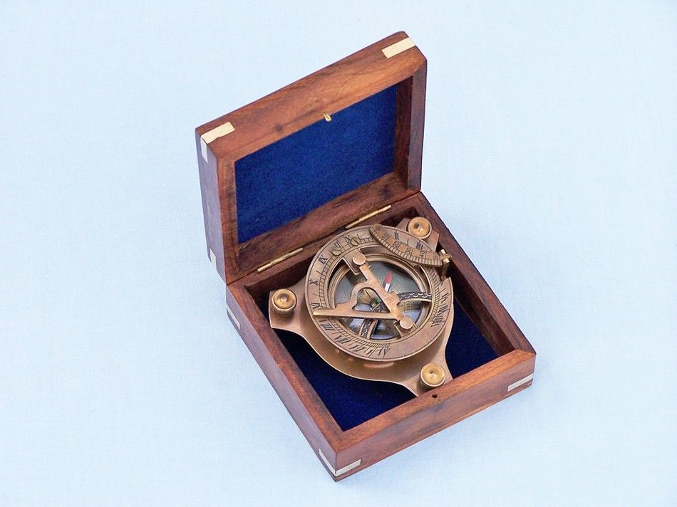 Captain's Antique Brass Triangle Sundial Compass with Rosewood Box 3""