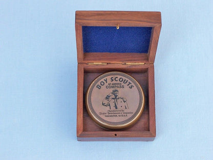 Antique Brass Boy Scout Compass w/ Rosewood Box 3""