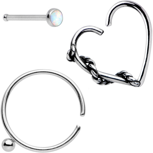 20G White Faux Opal Nose Bone Heart Closure Ring Pack Set of 3