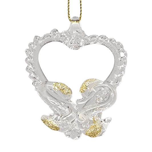 Spunglass Ornament - Gold Heart With Swans