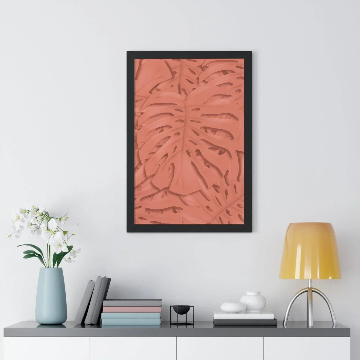 Coral Monstera Framed Print – Botanical Wall Art