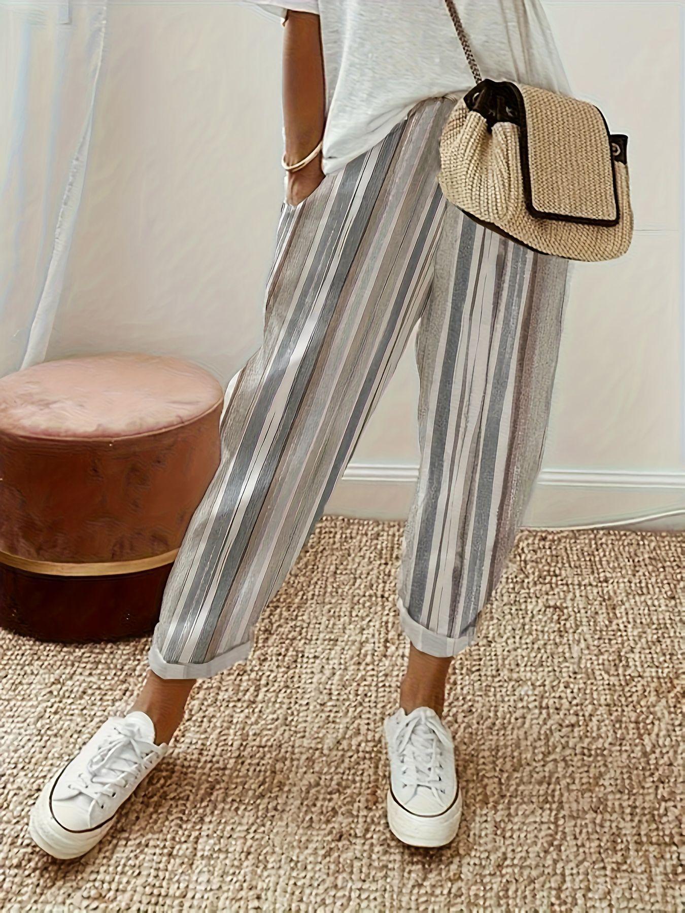 Womens Striped Cropped Casual Pants - Loose Fit Breathable Commuter Trousers