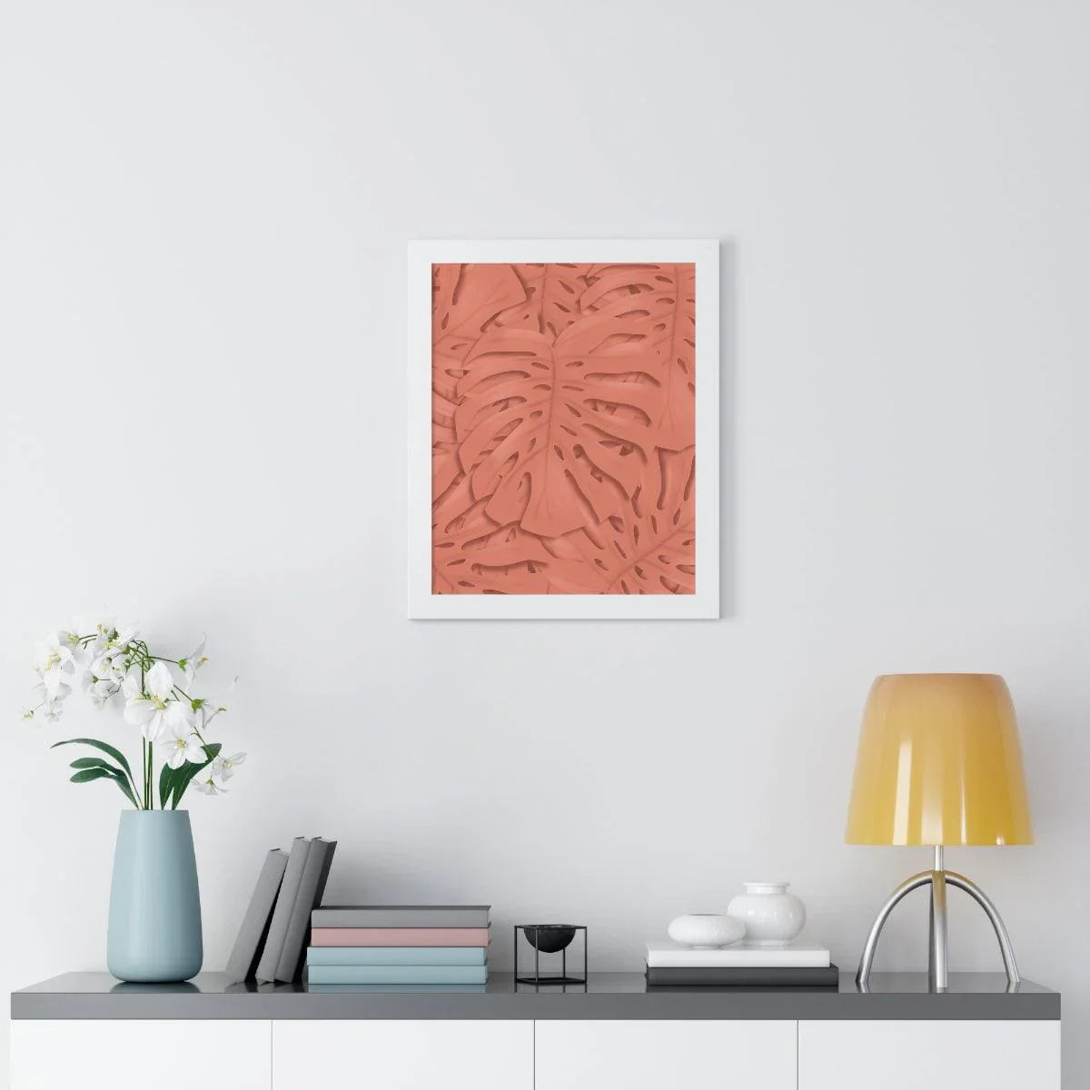 Coral Monstera Framed Print – Botanical Wall Art