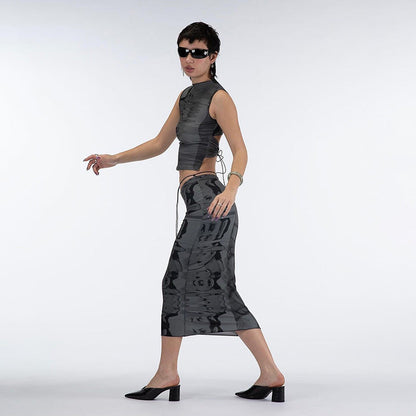 Women's Sleeveless Crew Neck Cutout Tank Top Mid Skirts