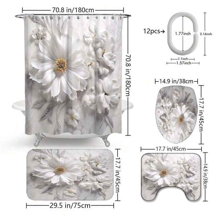 Simple Floral Pattern Waterproof Shower Curtain Suit
