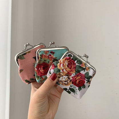 Retro Mini Canvas Coin Purse - Vintage Floral Plaid Small Zipper Wallet Organizer