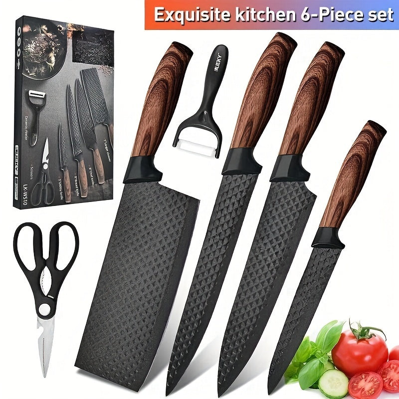 Professional 6pcs Kitchen Knife Set - Chef's Knife, Slicing Knife, Scraper, and Scissors - High Carbon Stainless Steel with Ultra-Sharp Blades, Non-Stick Ergonomic Wooden Handles - Ideal for Home, Travel, and Gift Box Set
