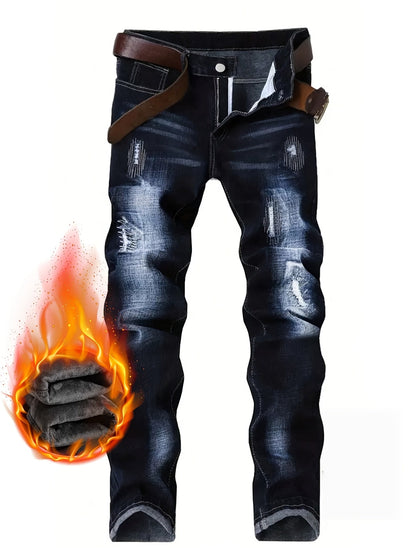 Men's Thermal Distressed Winter Jeans - Thickened Fleece-Lined Denim with Aged Patchwork & Heavy Wash Design