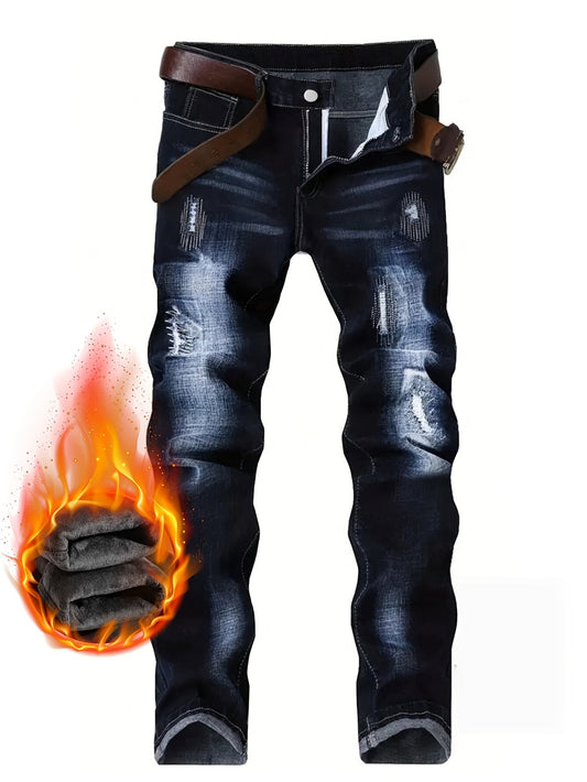 Men's Thermal Distressed Winter Jeans - Thickened Fleece-Lined Denim with Aged Patchwork & Heavy Wash Design