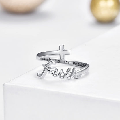 Sterling Silver Cross Ring "All Things Are Possible" Inlay "Faith" Design