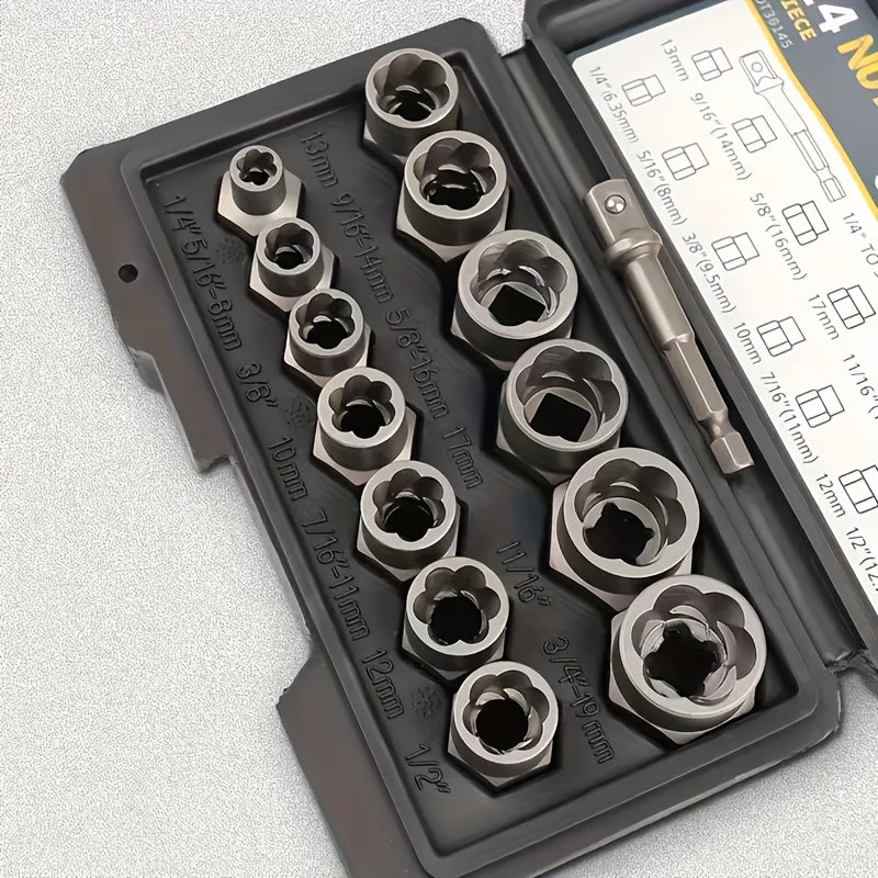 YCUPUP Nut Extractor Kit 14pcs Nut Removal Tool With 13 Bolts And Nut Removers, 1 Hex Socket Adapter For 1/4" To 3/8" Drives