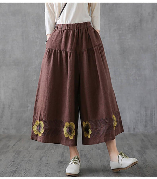 Ladies New Summer Retro Hemp Embroidered Flower Pants