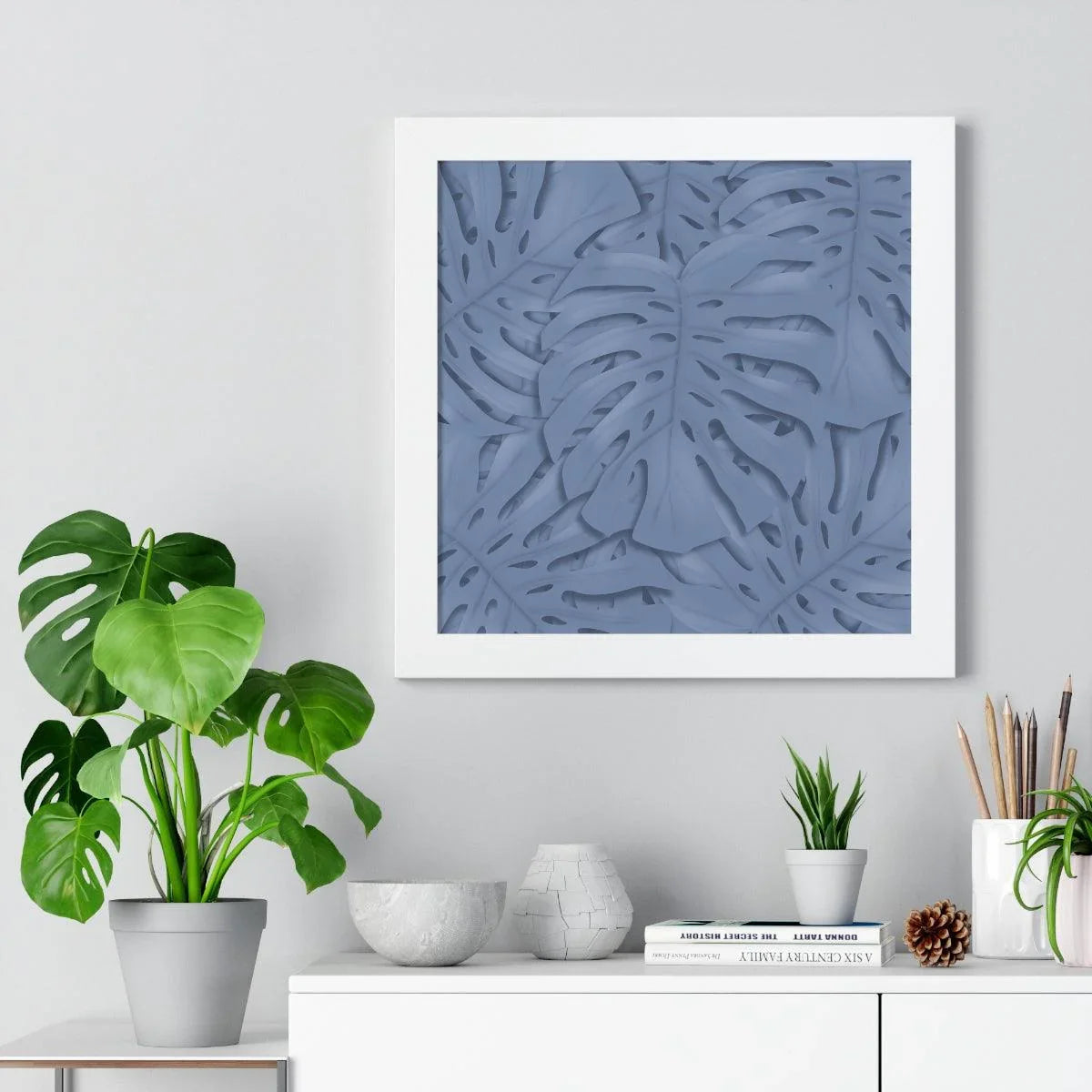 Blue Monstera Framed Print – Botanical Wall Art