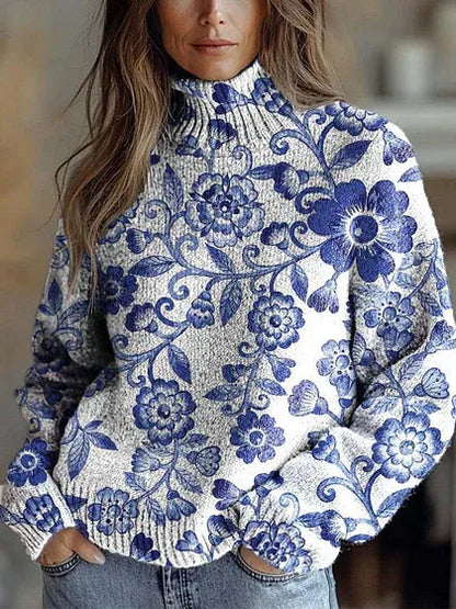Elegant 3D Floral Print Turtleneck Sweater - Cozy Long Sleeve Pullover