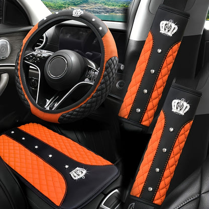 PU Leather Car Steering Wheel Cover Set, Carbon Fiber Pattern, Shoulder Pads, Leather Armrest, 4 pcs, for Comfortable Driving