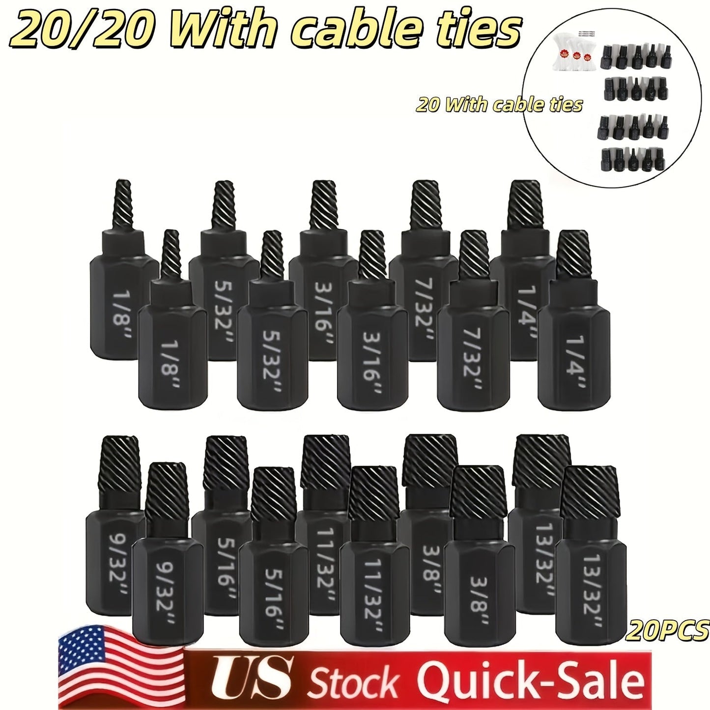 20pcs Industrial Screw Extractor Set: Alloy Steel Damaged Screw Removal Kit, Metal Easy-Out Drill Bits, Broken Bolt Stud Extractor Tools, Multi-Groove Screw Extractor Set, Suitable for Bolt Stud Tubes 1/8"-13/32", Local Wareh
