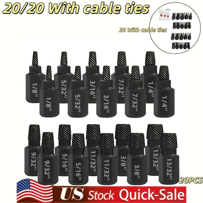 20pcs Industrial Screw Extractor Set: Alloy Steel Damaged Screw Removal Kit, Metal Easy-Out Drill Bits, Broken Bolt Stud Extractor Tools, Multi-Groove Screw Extractor Set, Suitable for Bolt Stud Tubes 1/8"-13/32", Local Wareh