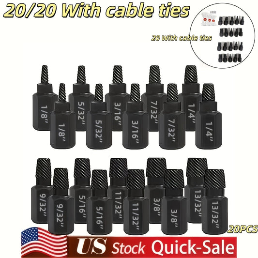 20pcs Industrial Screw Extractor Set: Alloy Steel Damaged Screw Removal Kit, Metal Easy-Out Drill Bits, Broken Bolt Stud Extractor Tools, Multi-Groove Screw Extractor Set, Suitable for Bolt Stud Tubes 1/8"-13/32", Local Wareh