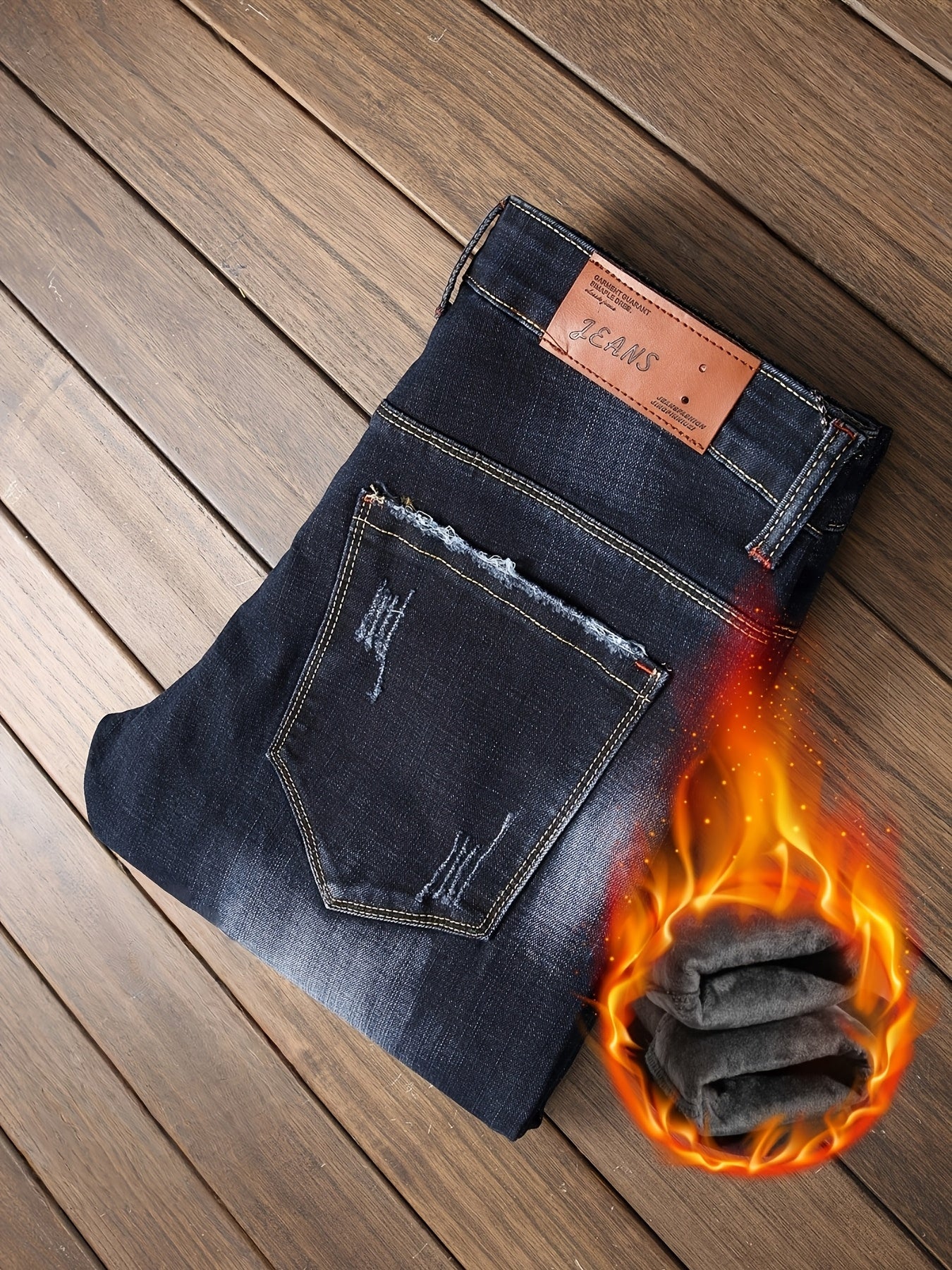 Men's Thermal Distressed Winter Jeans - Thickened Fleece-Lined Denim with Aged Patchwork & Heavy Wash Design