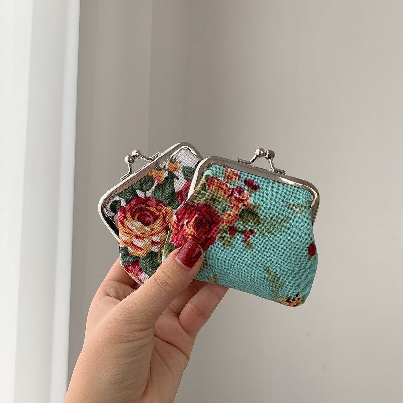 Retro Mini Canvas Coin Purse - Vintage Floral Plaid Small Zipper Wallet Organizer