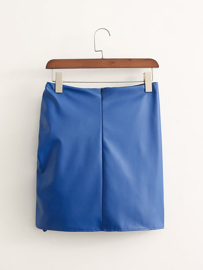 Royal Blue Knotted Hip PU Leather Skirt