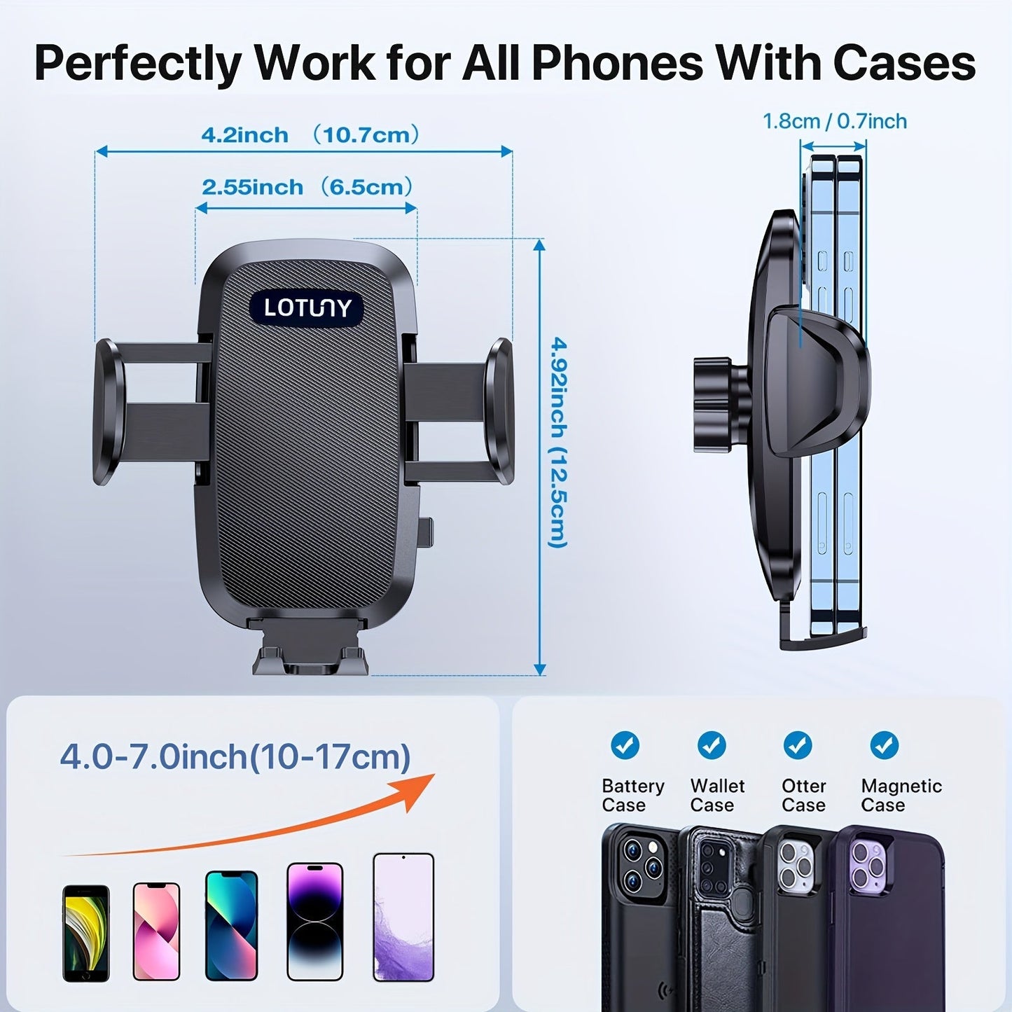 LOTUNY Car Phone Holder, Universal Hands-Free Phone Holders for Your Car, 3-in-1 Phone Mount for CarAir Vent Compatible with for iphone for samsung Google and All 4" to 7, 2" Phones