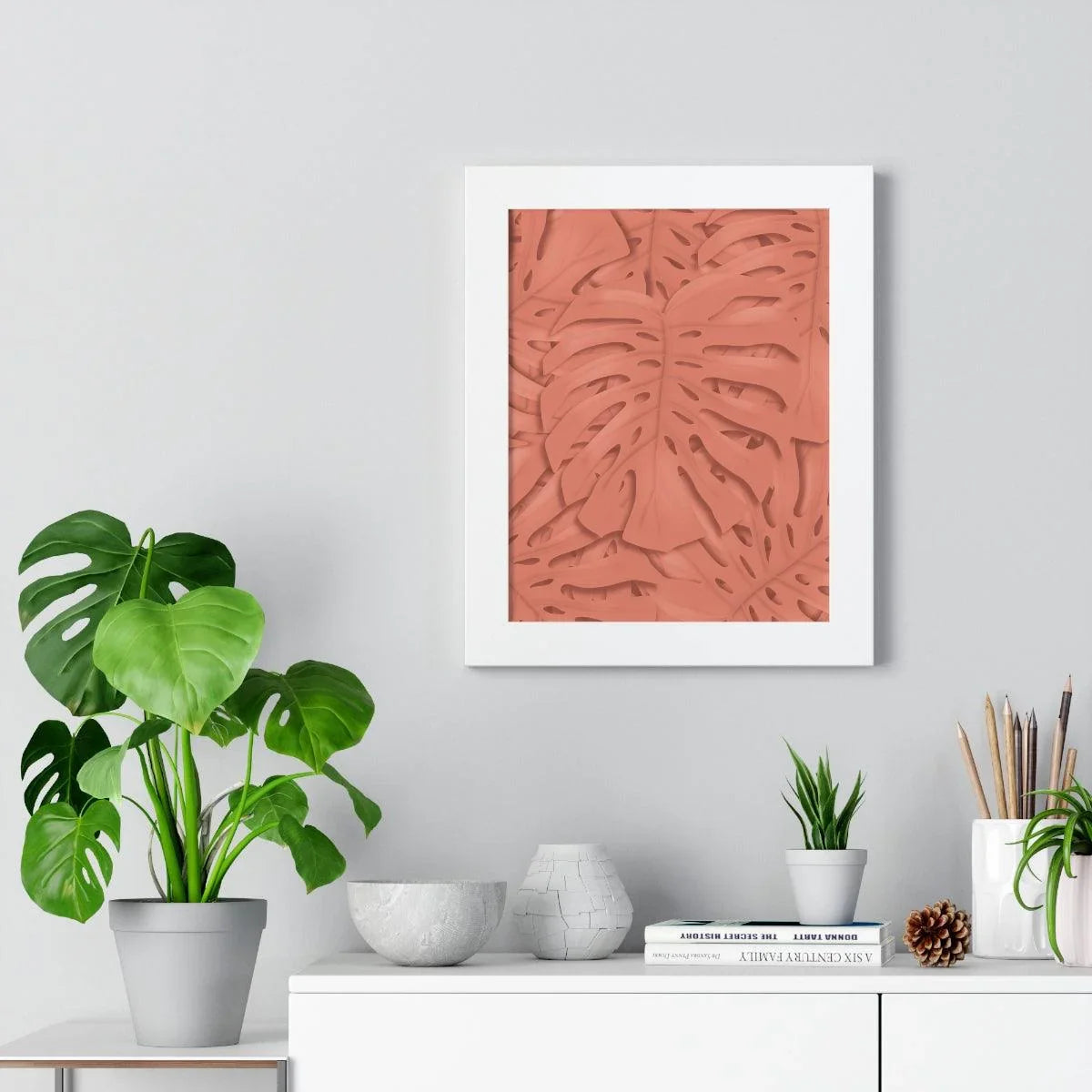 Coral Monstera Framed Print – Botanical Wall Art