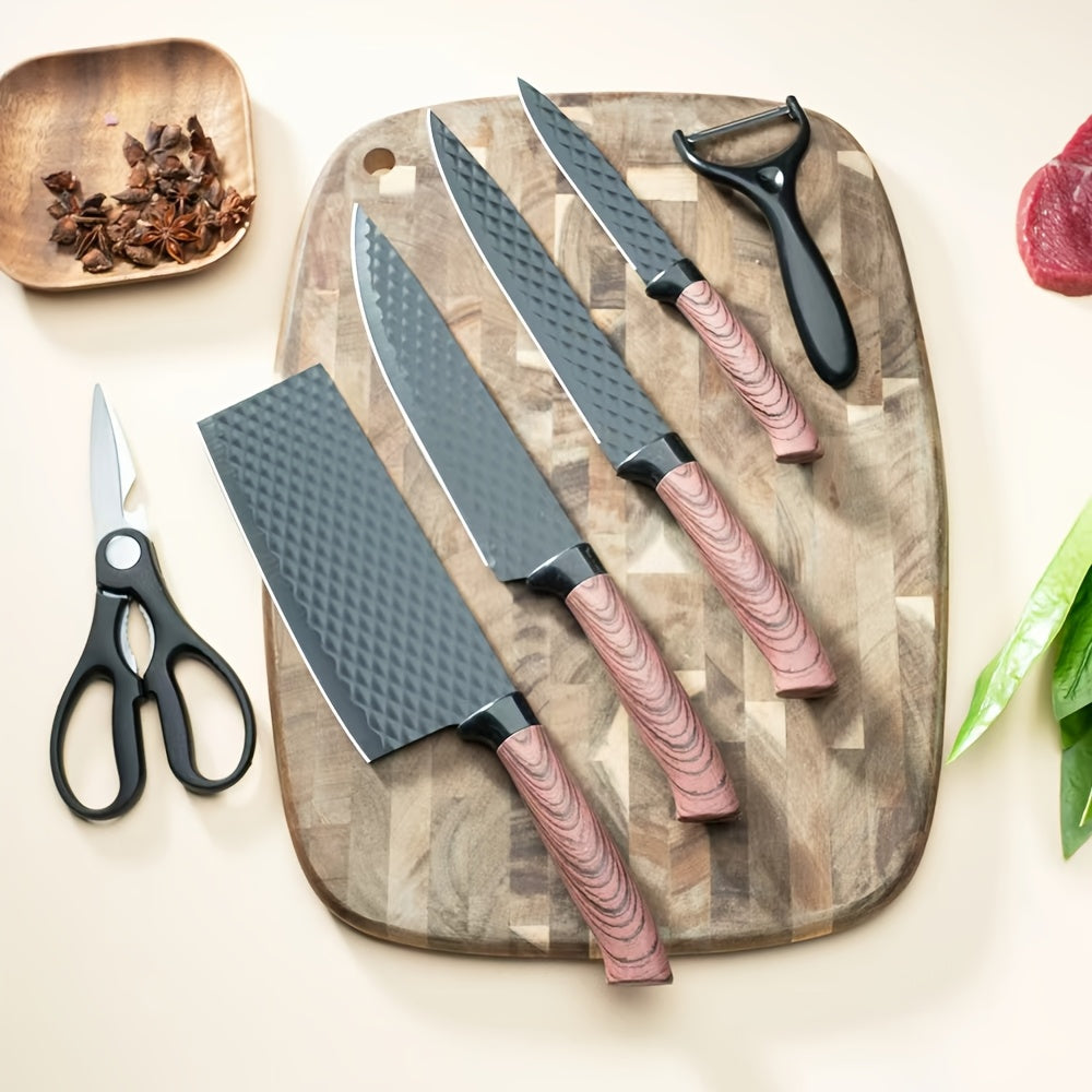 Professional 6pcs Kitchen Knife Set - Chef's Knife, Slicing Knife, Scraper, and Scissors - High Carbon Stainless Steel with Ultra-Sharp Blades, Non-Stick Ergonomic Wooden Handles - Ideal for Home, Travel, and Gift Box Set