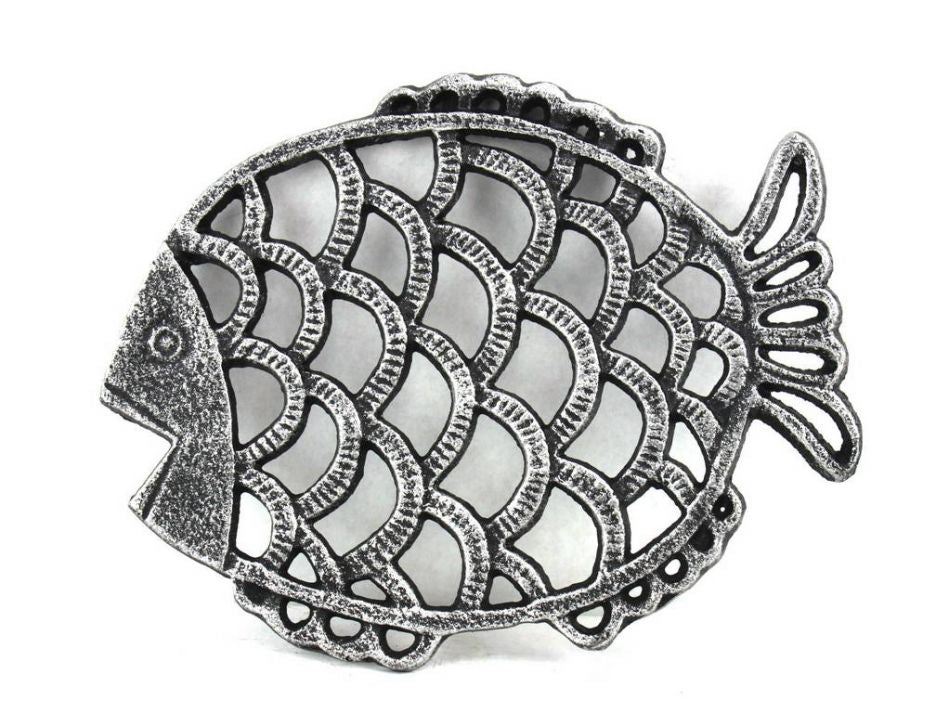 Antique Silver Cast Iron Big Fish Trivet 8""