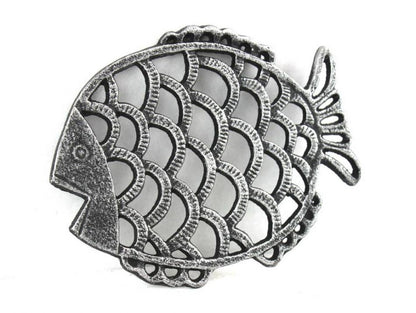 Antique Silver Cast Iron Big Fish Trivet 8""