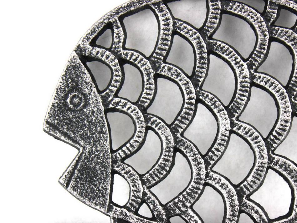 Antique Silver Cast Iron Big Fish Trivet 8""