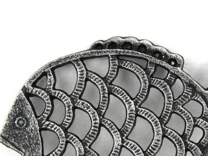 Antique Silver Cast Iron Big Fish Trivet 8""