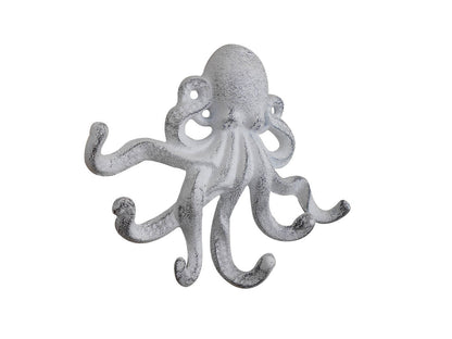Whitewashed Cast Iron Decorative Wall Mounted Octopus with Six Hooks 7""