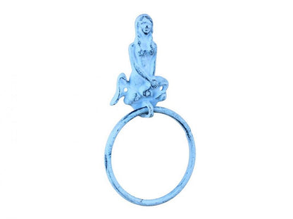Rustic Dark Blue Whitewashed Cast Iron Mermaid Towel Holder 8.5""